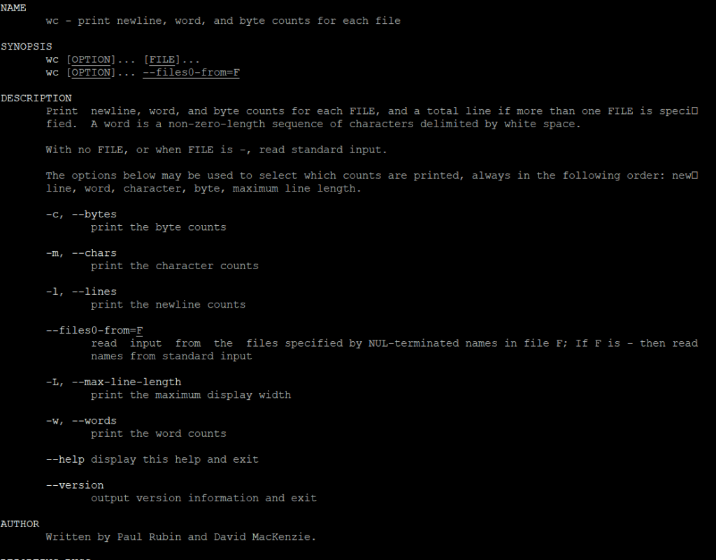 To get more information abot wc command you an write "man wc" in the console.