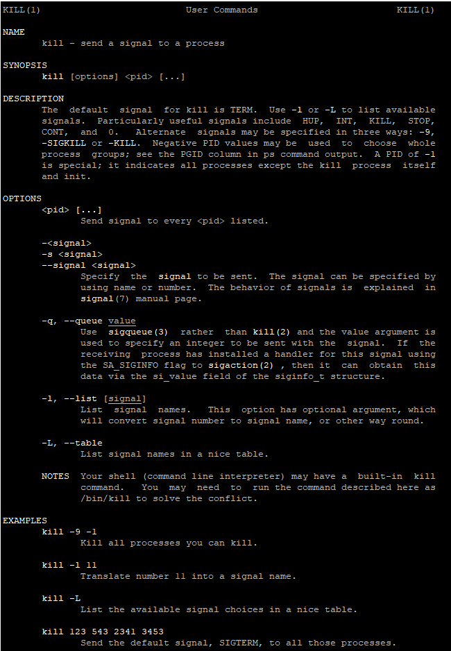 Descripton for kill command on Ubuntu