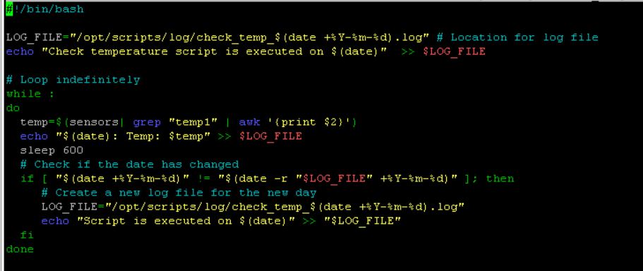 "Screenshot of a Bash script for real-time CPU temperature monitoring on a Raspberry Pi 4 running Ubuntu 22.04"