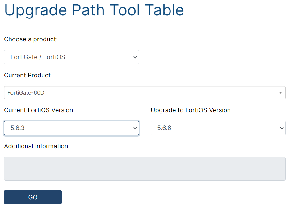 Screenshot of Fortinet Upgrade path tool