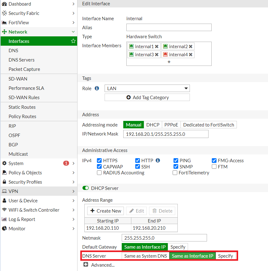 DHCP Server Settings to use FortiGate as DNS Server