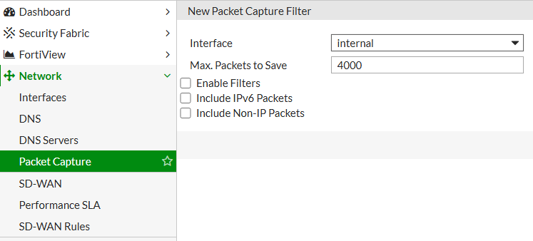 FortiGate Packet Capture from 'Network' and 'Packet Capture' sub menu.