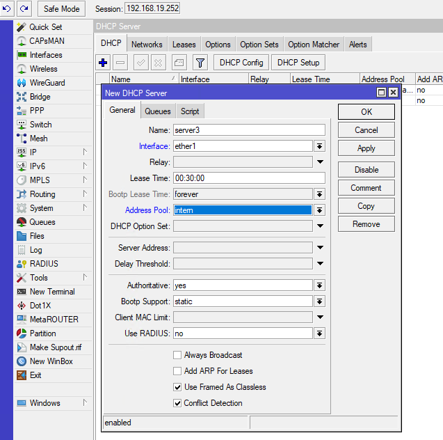 A screenshot of WinBox showing the process of creating 'New DHCP Server'.