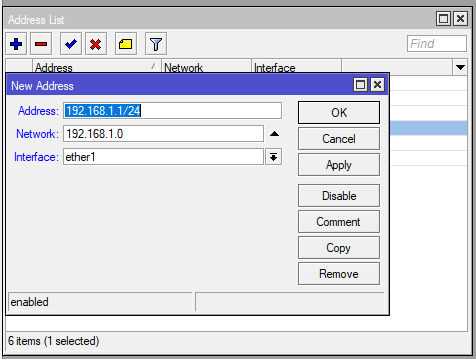 A screenshot of WinBox showing the New Address Configuration.