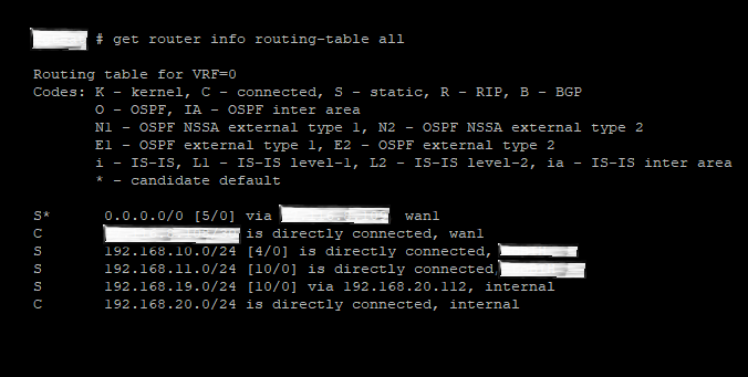 Output of command get router info routing-table all