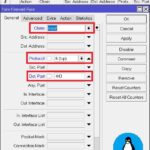 A screenshot of WinBox showing the process of creating 'New Firewall Rule'.