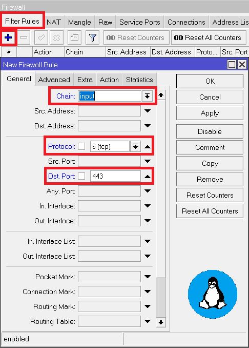 A screenshot of WinBox showing the process of creating 'New Firewall Rule'.