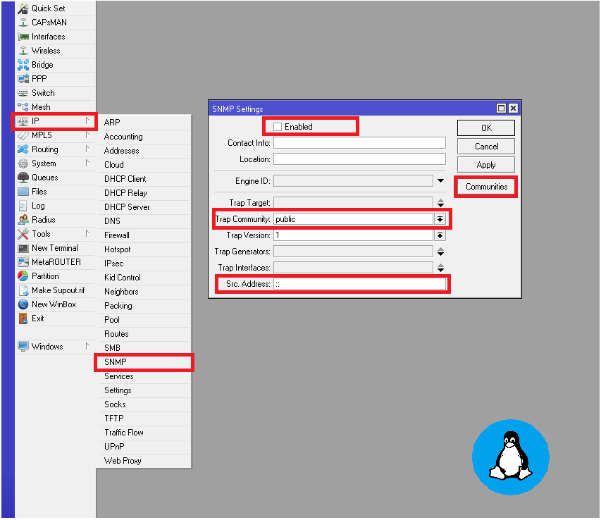 Winbox screenshot of Winbox screenshot of 'IP' Menu with 'SNMP' sub menu selected